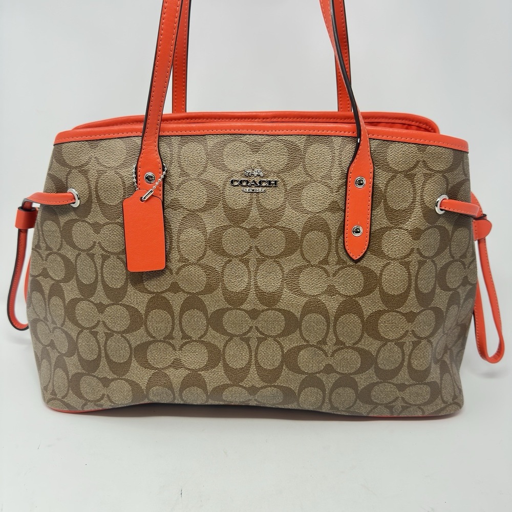 Coach Signature Drawstring Carryall Shoulder Bag F57842 khaki and orange